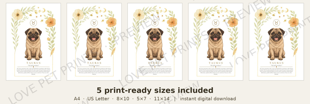Taurus Pug | Botanical Dog Zodiac Print | Instant Download