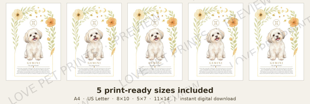 Gemini Maltese Shih Tzu | Botanical Dog Zodiac Print | Instant Download