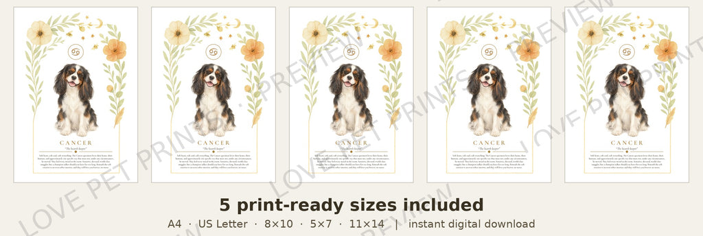 Cancer Cavalier King Charles Spaniel | Botanical Dog Zodiac Print | Instant Download