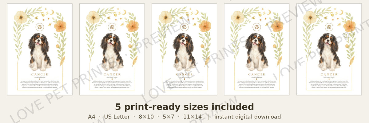 Cancer Cavalier King Charles Spaniel | Botanical Dog Zodiac Print | Instant Download