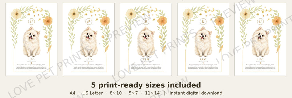 Leo Pomeranian | Botanical Dog Zodiac Print | Instant Download