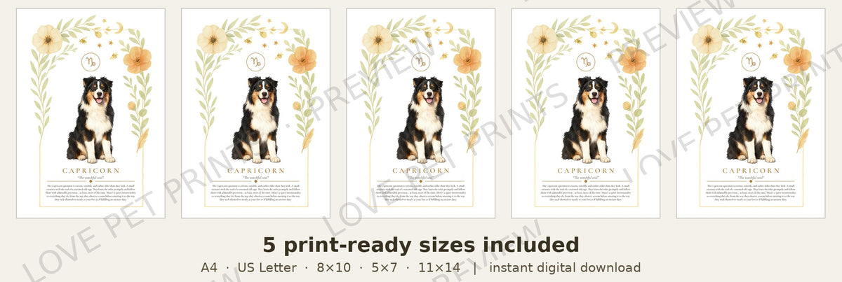 Capricorn Australian Shepherd | Botanical Dog Zodiac Print | Instant Download