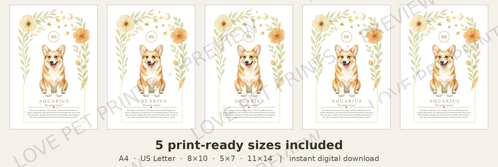 Aquarius Corgi | Botanical Dog Zodiac Print | Instant Download