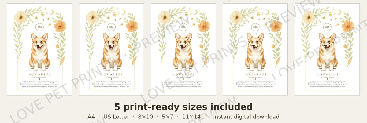 Aquarius Corgi | Botanical Dog Zodiac Print | Instant Download