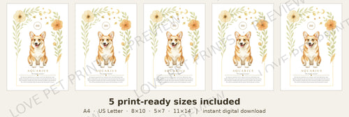 Aquarius Corgi | Botanical Dog Zodiac Print | Instant Download