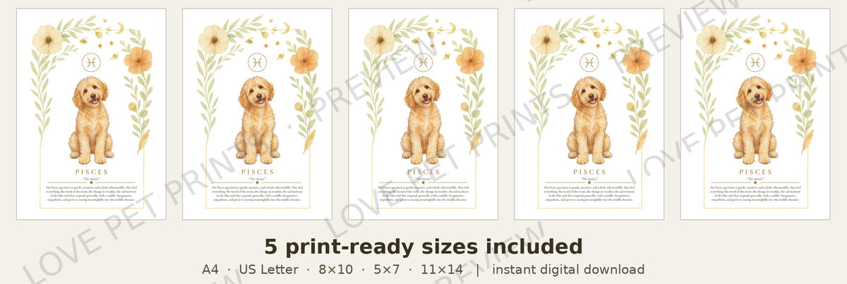 Pisces Groodle | Botanical Dog Zodiac Print | Instant Download