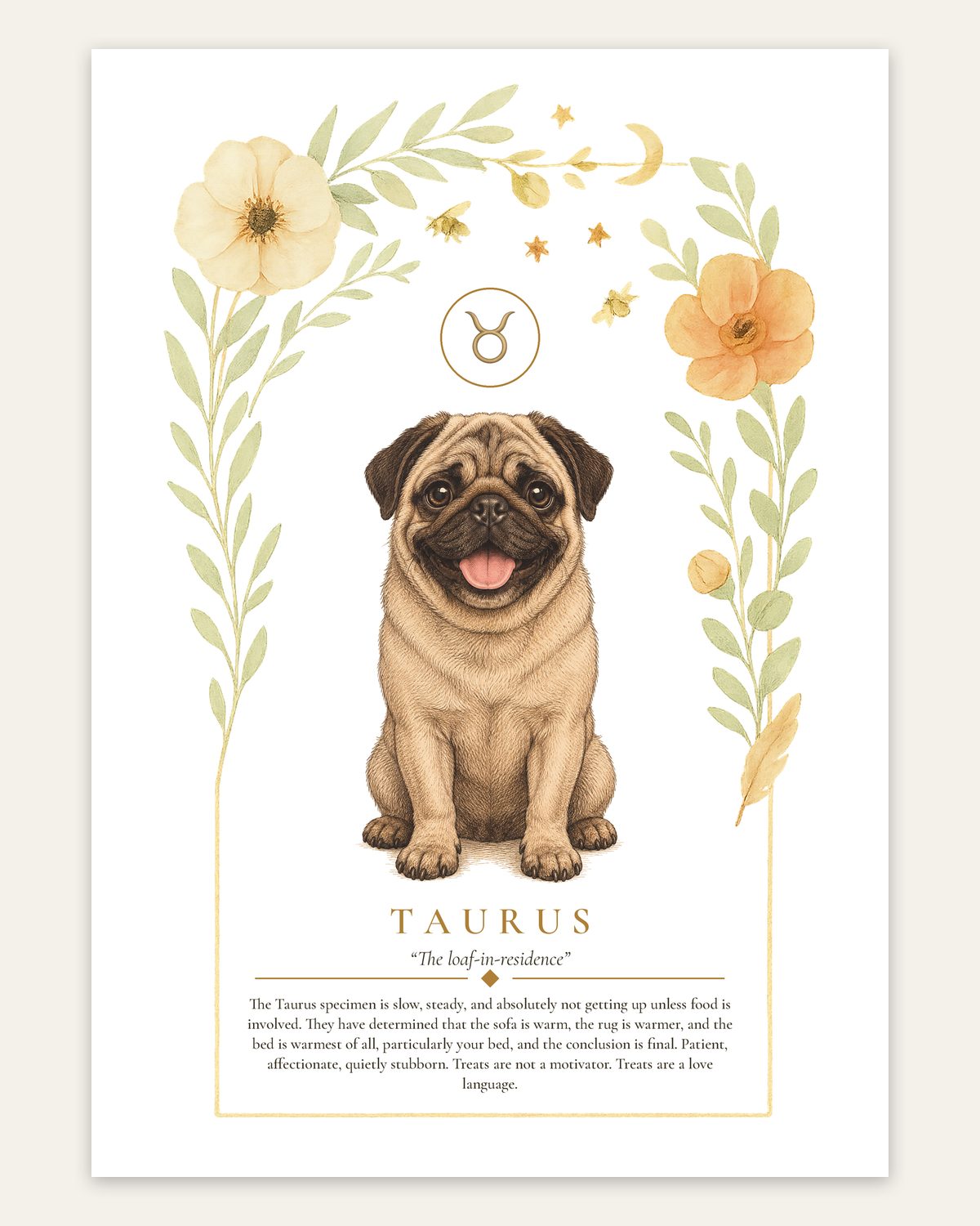 Taurus Pug | Botanical Dog Zodiac Print | Instant Download