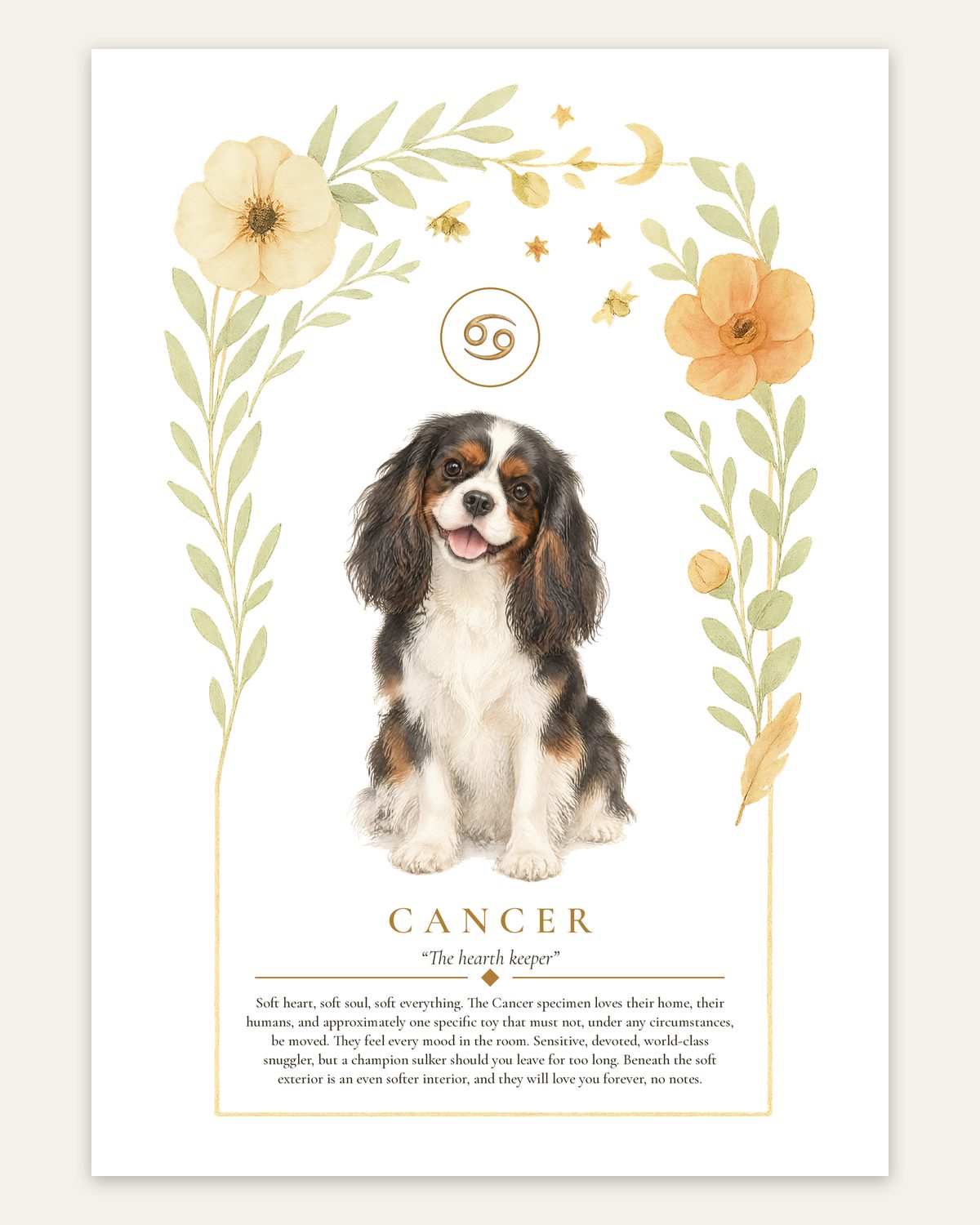 Cancer Cavalier King Charles Spaniel | Botanical Dog Zodiac Print | Instant Download