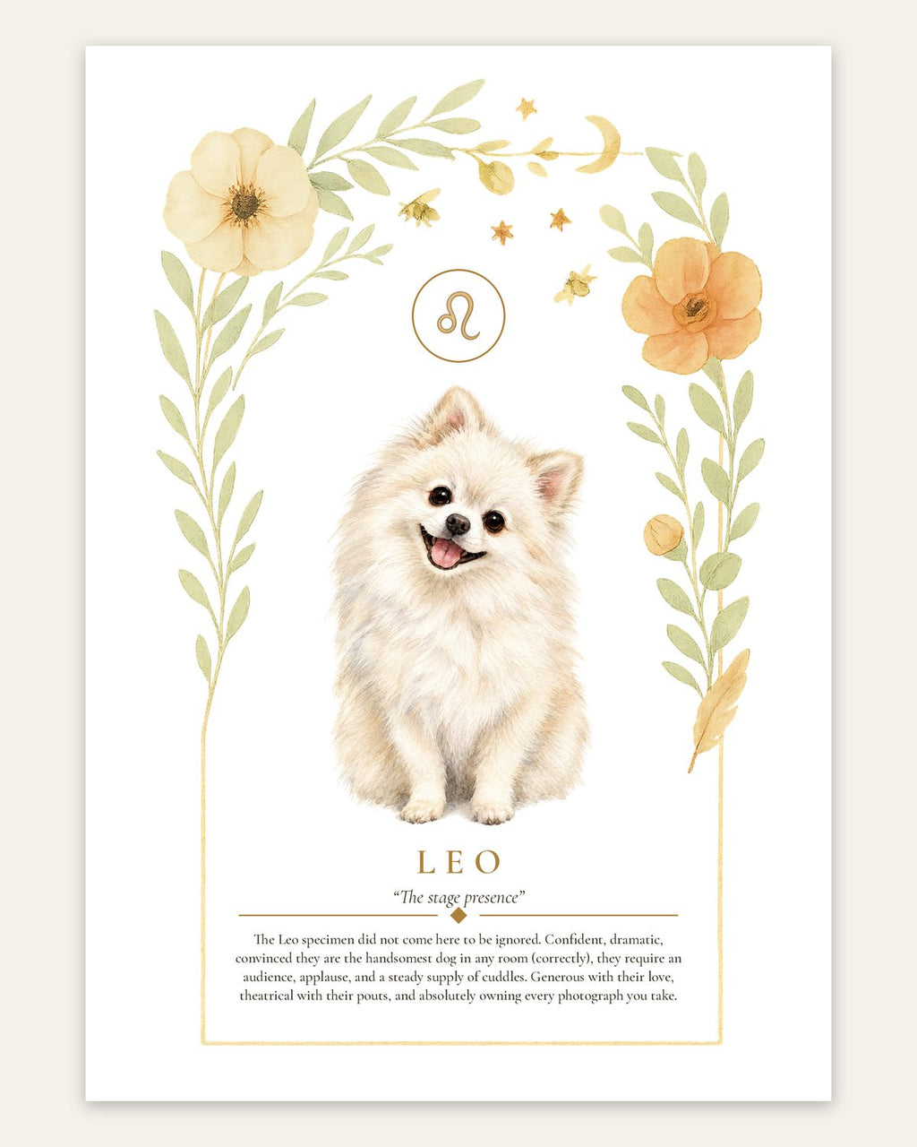 Leo Pomeranian | Botanical Dog Zodiac Print | Instant Download