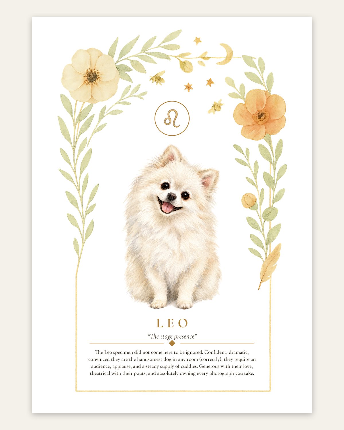 Leo Pomeranian | Botanical Dog Zodiac Print | Instant Download