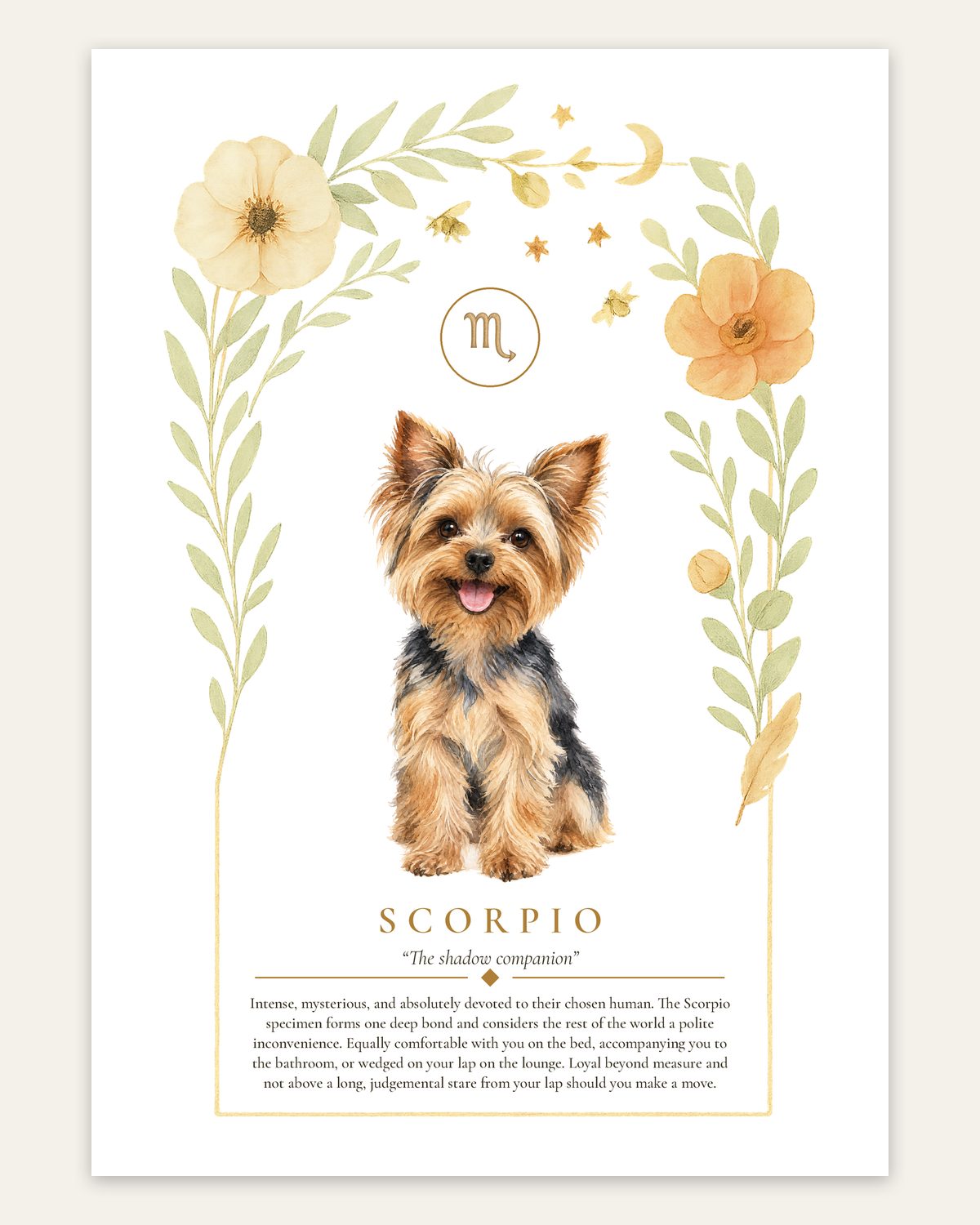 Scorpio Yorkshire Terrier | Botanical Dog Zodiac Print | Instant Download