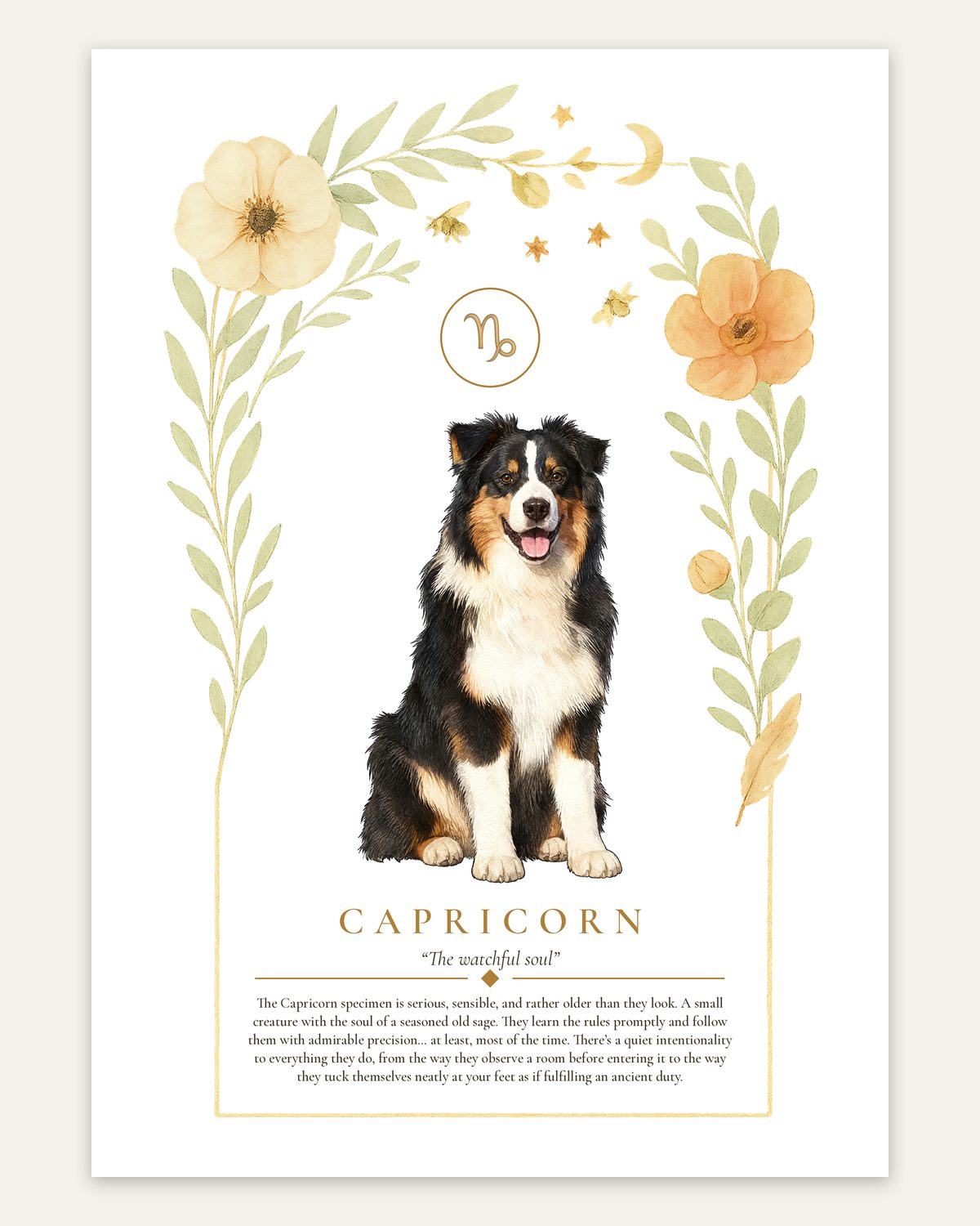 Capricorn Australian Shepherd | Botanical Dog Zodiac Print | Instant Download