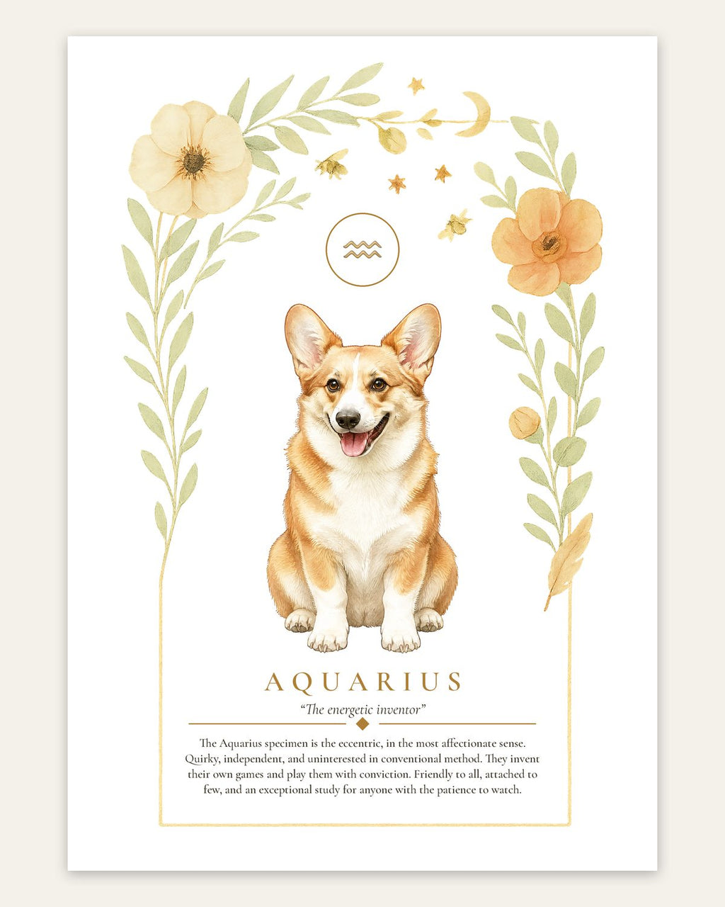 Aquarius Corgi | Botanical Dog Zodiac Print | Instant Download