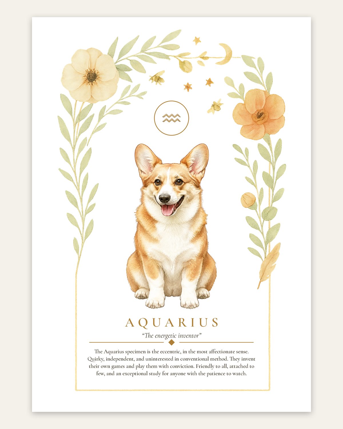 Aquarius Corgi | Botanical Dog Zodiac Print | Instant Download